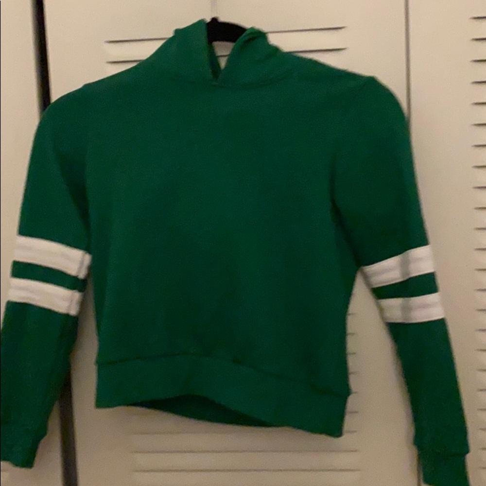 Green hoodie with white stripes